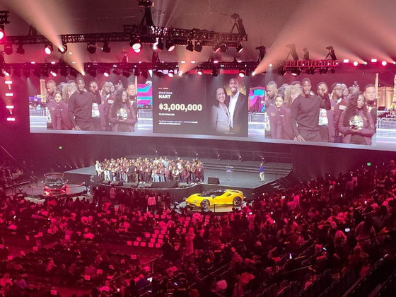 The PHP Lights Out 2026 main stage with Chris Hart and $3,000,000 displayed on the arena screen above a packed crowd