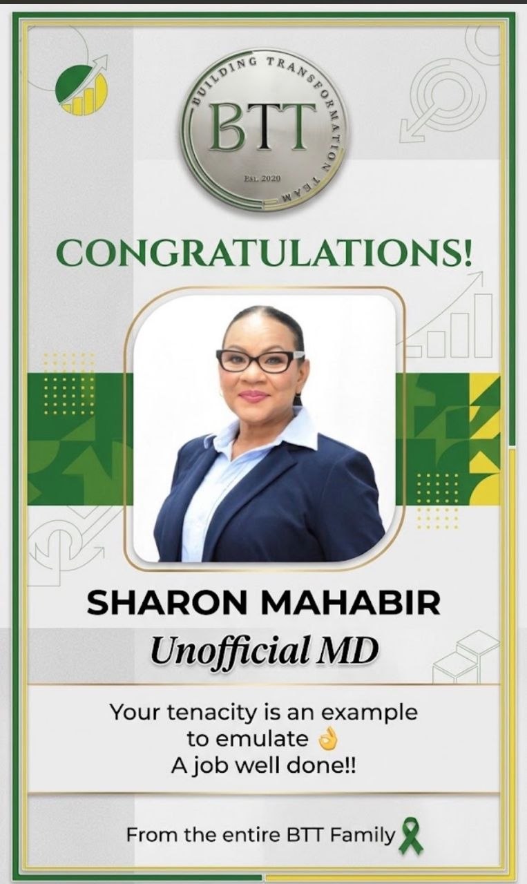 Sharon Mahabir congratulated as Unofficial MD, Building Transformation Team