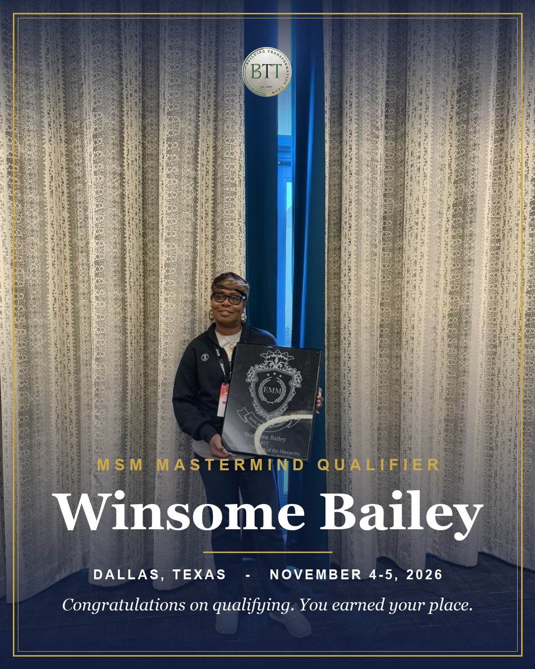 Winsome Bailey, MSM Mastermind Qualifier, Dallas Texas November 2026, Building Transformation Team